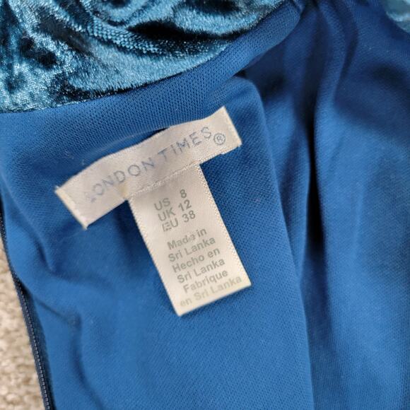 London Times Velvet Burn Out Dress Womens 8 Blue Cutout V Neck Band Collar Party - Picture 2 of 15